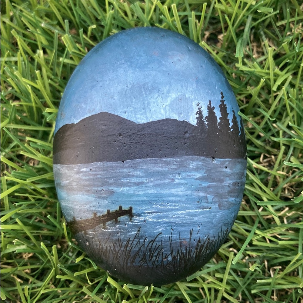 Soft Mountains and Lake Painted River Rock 2.5”